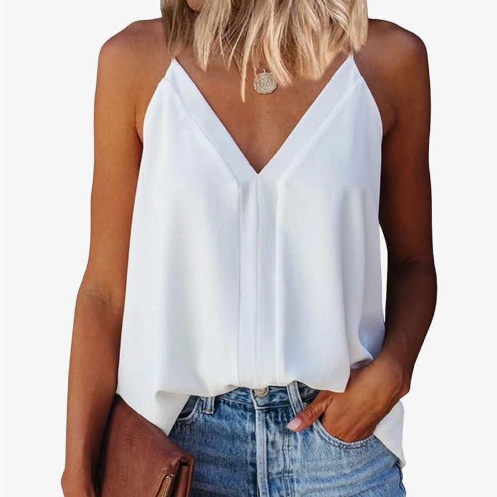 Women’s Strappy Tank Top Loose White Sleeveless V-Neck Top